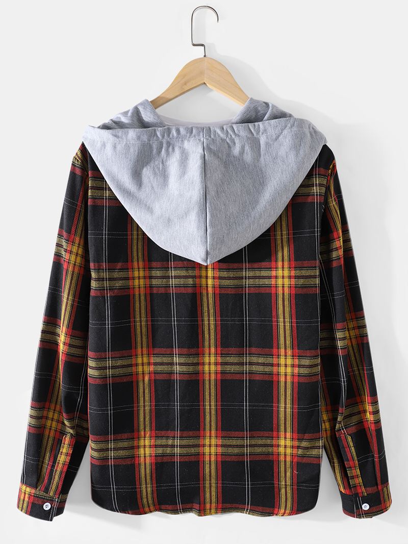 Herre Tartan Button Up Langærmet Relaxed Fit Hættejakke Med Snoretræk