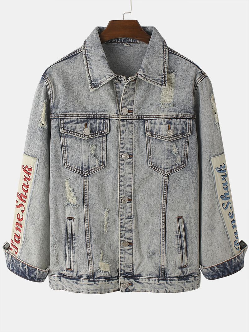 Herre Vintage Distressed Ripped Patch Casual Bomulds Denimjakke