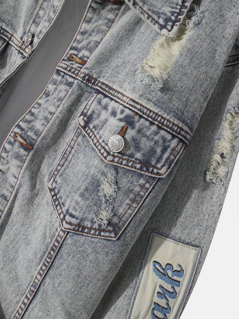 Herre Vintage Distressed Ripped Patch Casual Bomulds Denimjakke