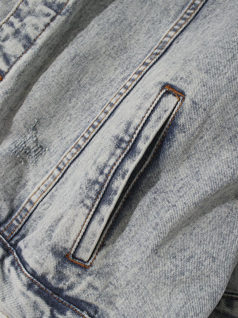 Herre Vintage Distressed Ripped Patch Casual Bomulds Denimjakke