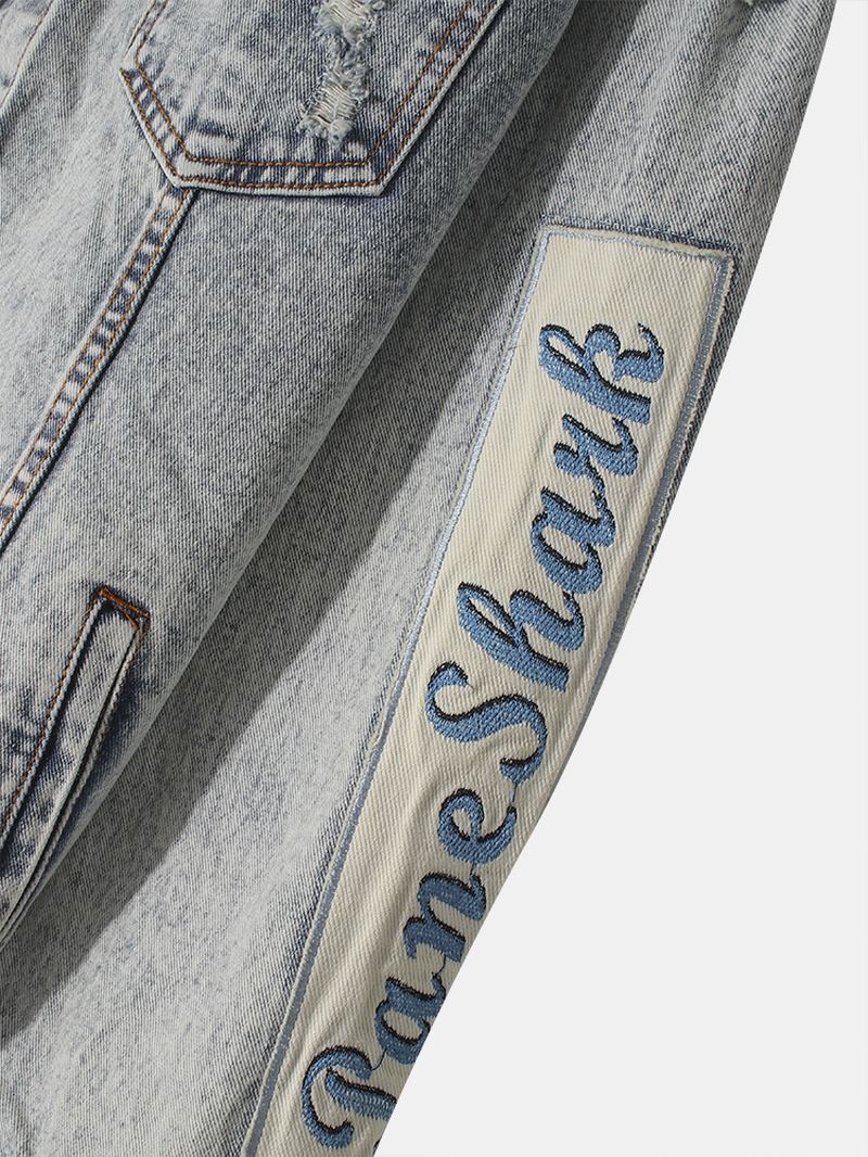 Herre Vintage Distressed Ripped Patch Casual Bomulds Denimjakke