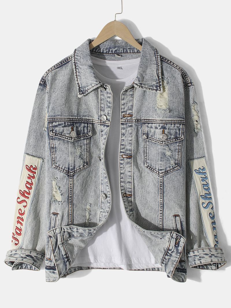 Herre Vintage Distressed Ripped Patch Casual Bomulds Denimjakke