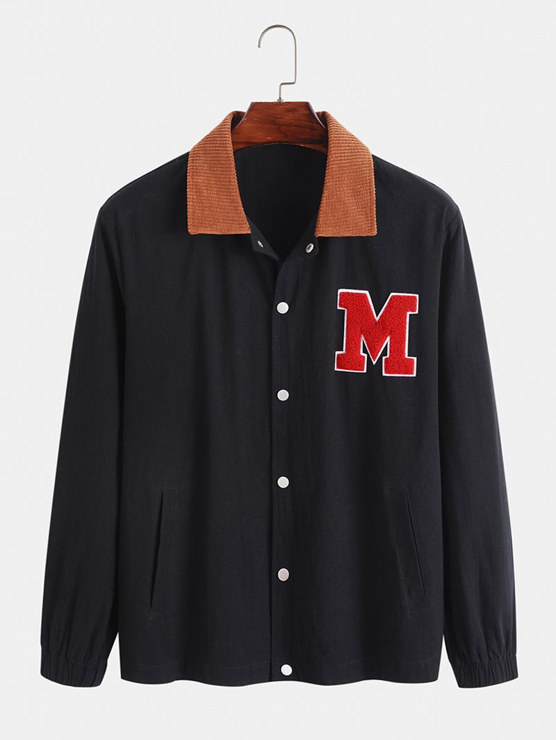 Mænd Corduroy Patchwork Lapel Letter Button Up Lommer Peppy Jakker