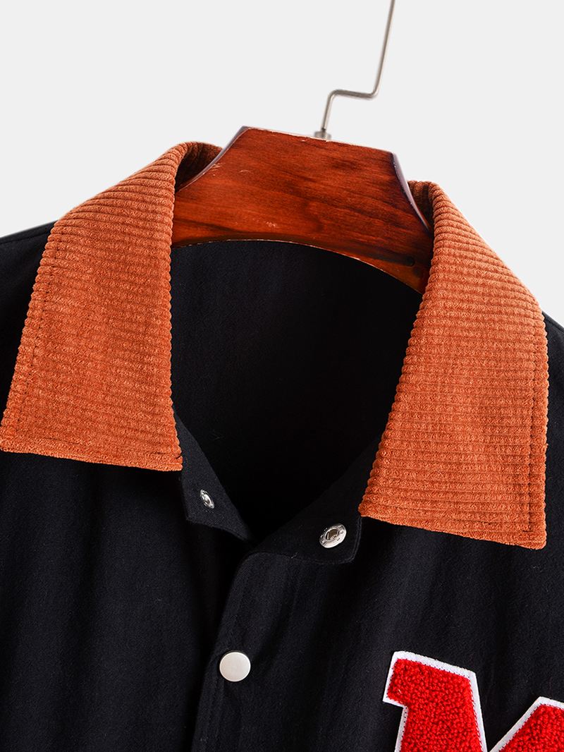 Mænd Corduroy Patchwork Lapel Letter Button Up Lommer Peppy Jakker