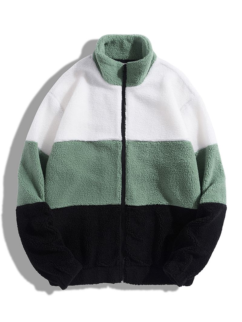 Mænd Fleece Patchwork Colorblock Stand Collar Zip Jakker