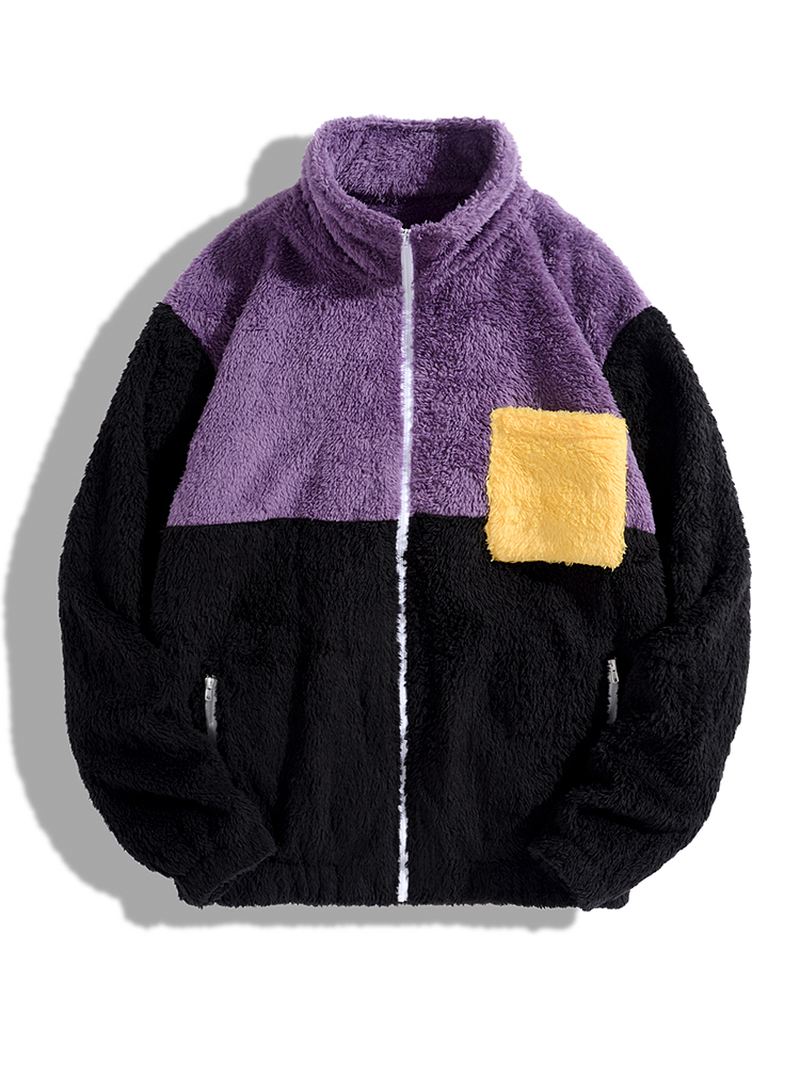 Mænd Kontrastfarve Teddy Plys Patch Pocket Zip Stand Color Jakker