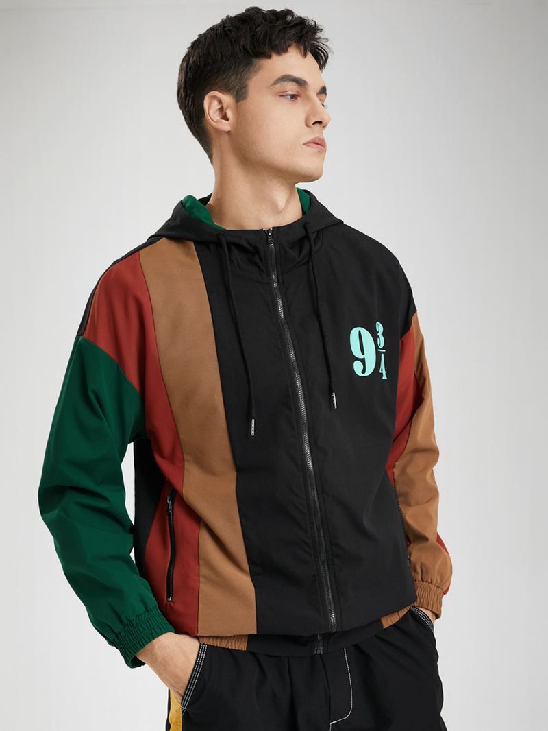 Mænd Patchwork Farve Blok Med Tryk Full Zip Pocket Hættetrøjer Windbreaker Jakker