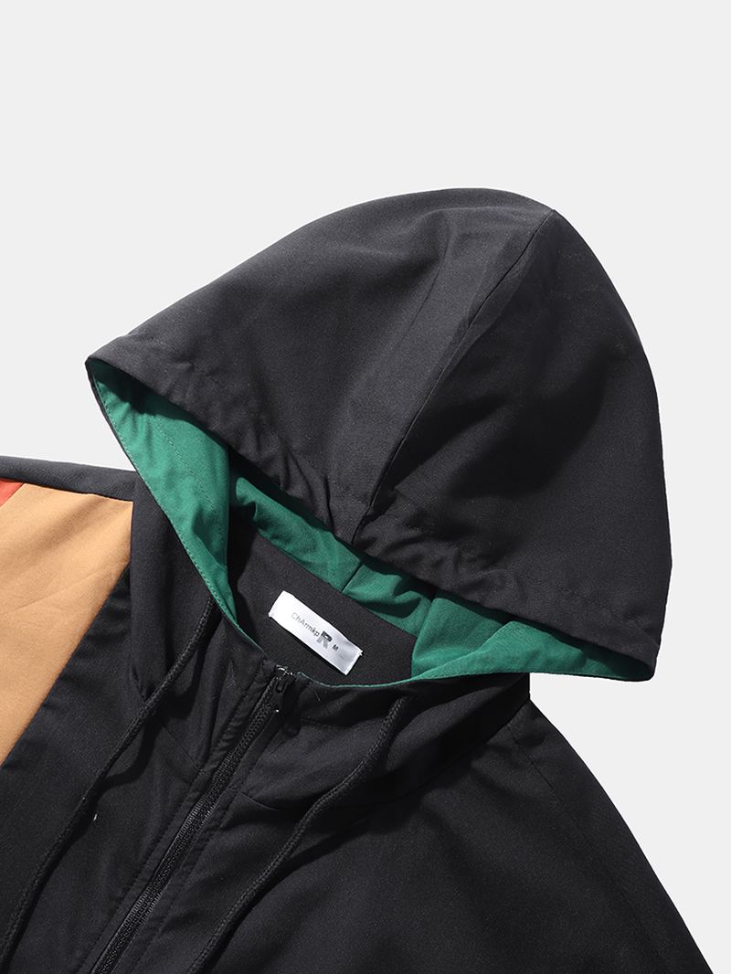 Mænd Patchwork Farve Blok Med Tryk Full Zip Pocket Hættetrøjer Windbreaker Jakker