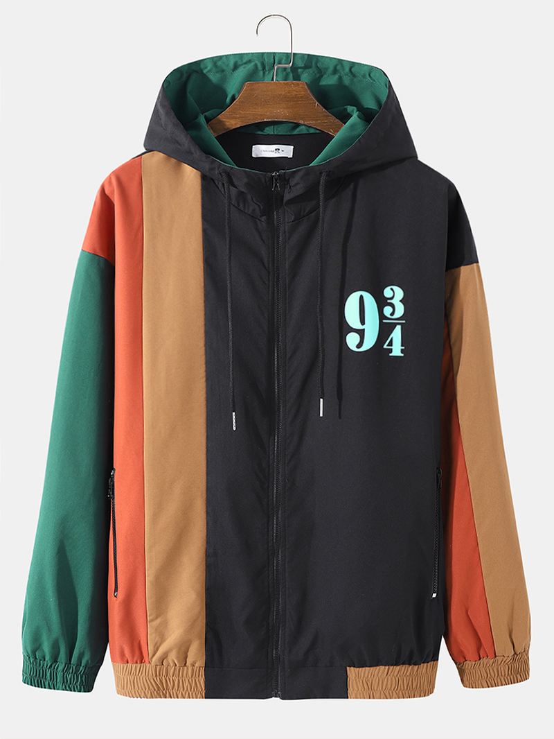 Mænd Patchwork Farve Blok Med Tryk Full Zip Pocket Hættetrøjer Windbreaker Jakker