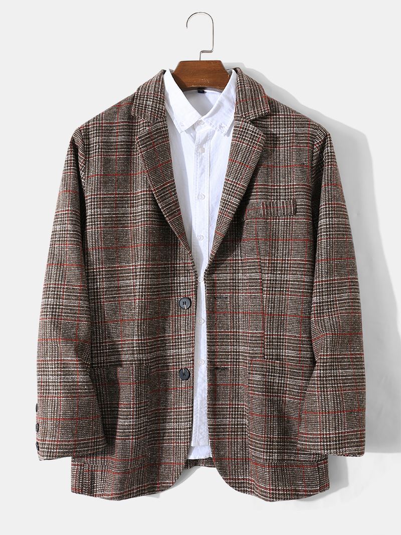 Mænd Plaid Kontrast Farve Knap Krave Lommer Casual Suit Frakker