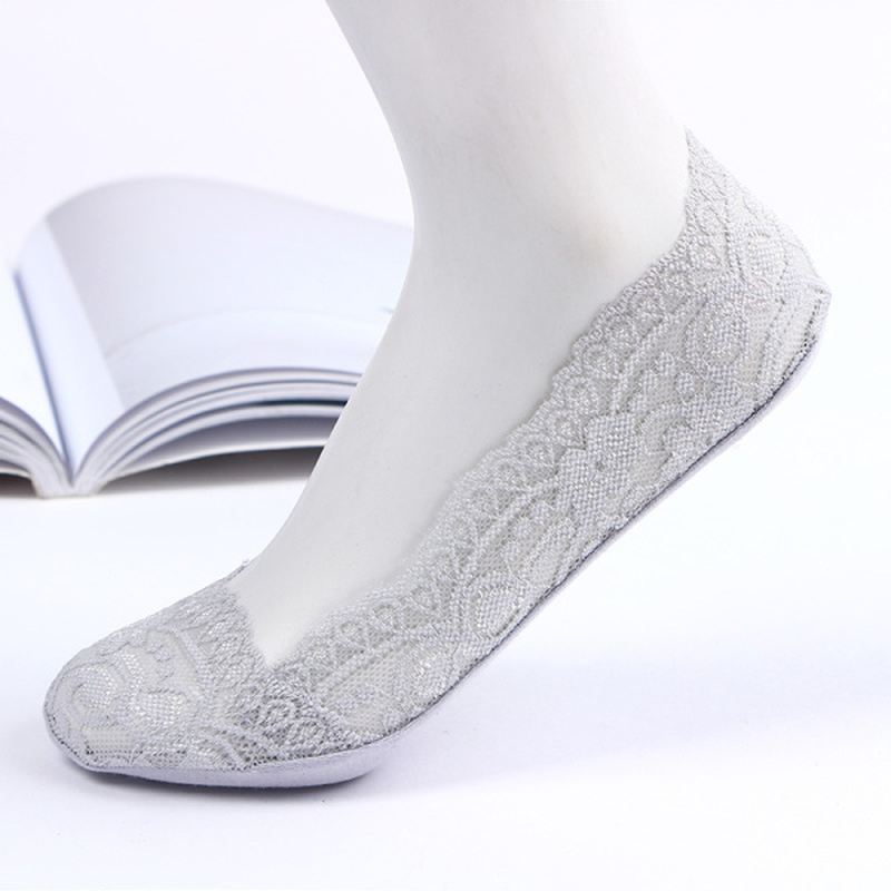 Kvinder Åndbar Lace Antiskrid Silikone Invisible Boat Socks Low Cut Shallow Socks