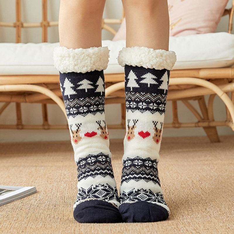 Kvinder Bomuld Varm Vinter Udendørs Jul Style Mønster Plus Velvet Thicken Home Sleep Socks Tube Socks