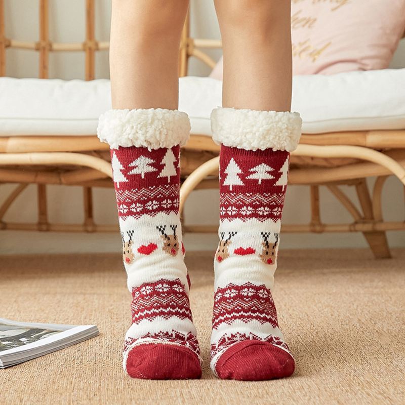 Kvinder Bomuld Varm Vinter Udendørs Jul Style Mønster Plus Velvet Thicken Home Sleep Socks Tube Socks