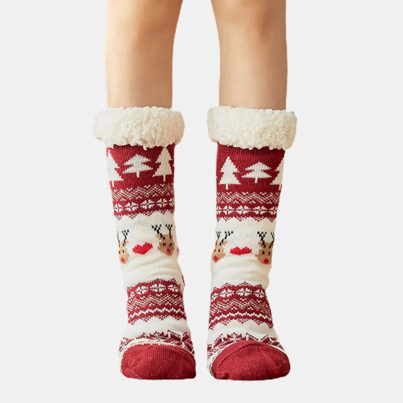 Kvinder Bomuld Varm Vinter Udendørs Jul Style Mønster Plus Velvet Thicken Home Sleep Socks Tube Socks