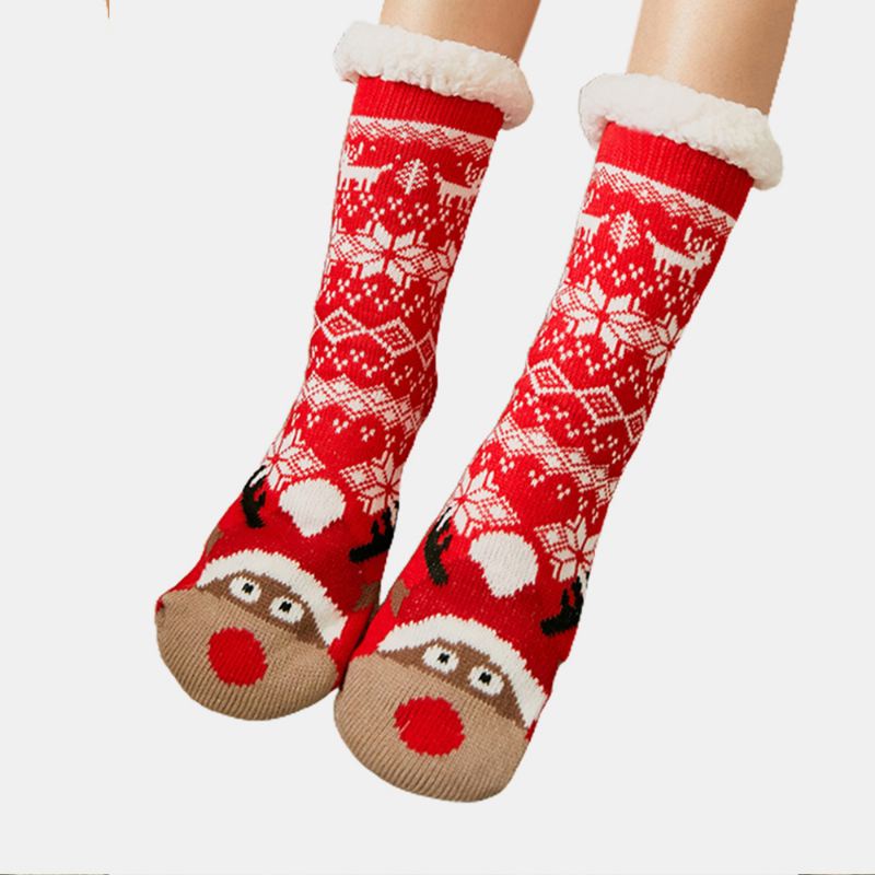 Kvinder Varm Vinter Udendørs Jul Stil Snefnug Elg Mønster Plus Velvet Thicken Home Sleep Socks Tube Socks