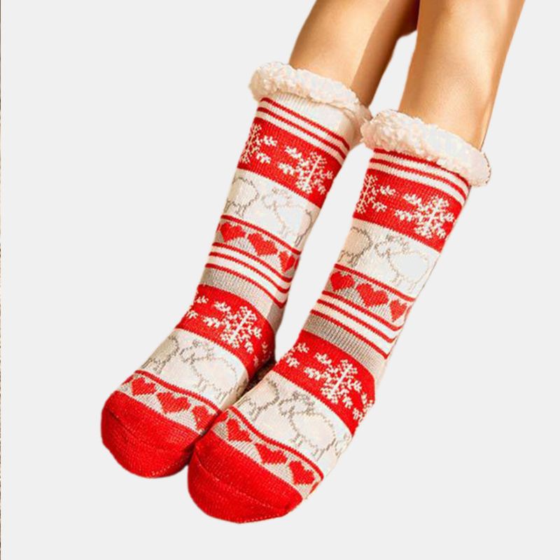 Kvinder Varm Vinter Udendørs Jul Stil Snefnug Elg Mønster Plus Velvet Thicken Home Sleep Socks Tube Socks