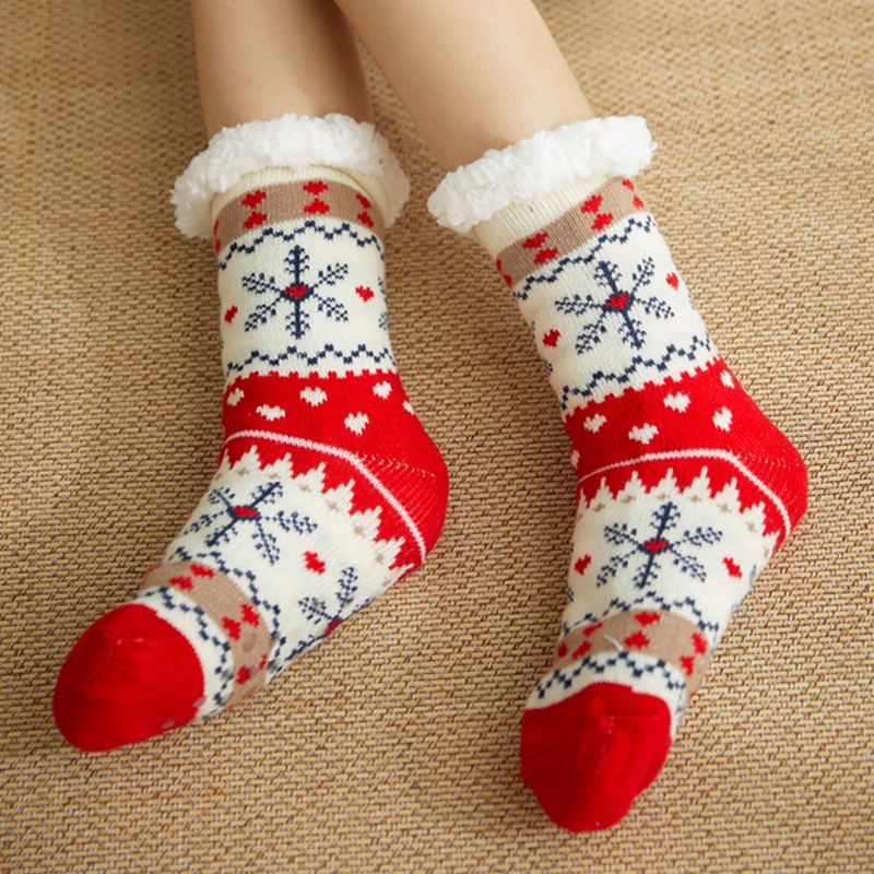 Kvinder Varm Vinter Udendørs Julestil Snefnugmønster Plus Velvet Thicken Home Sleep Socks Tube Socks